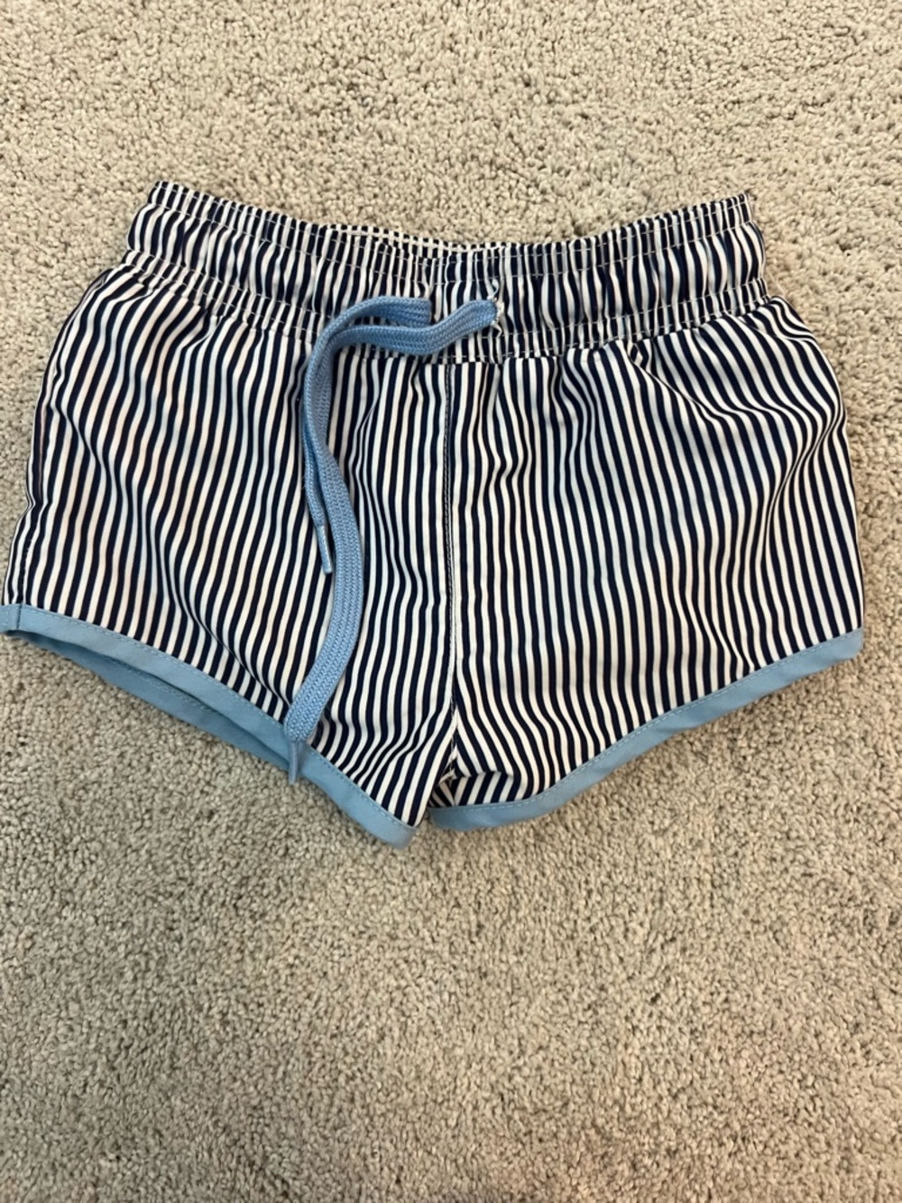 Kids' Navy & White Striped Swim Trunks with Light Blue Trim
